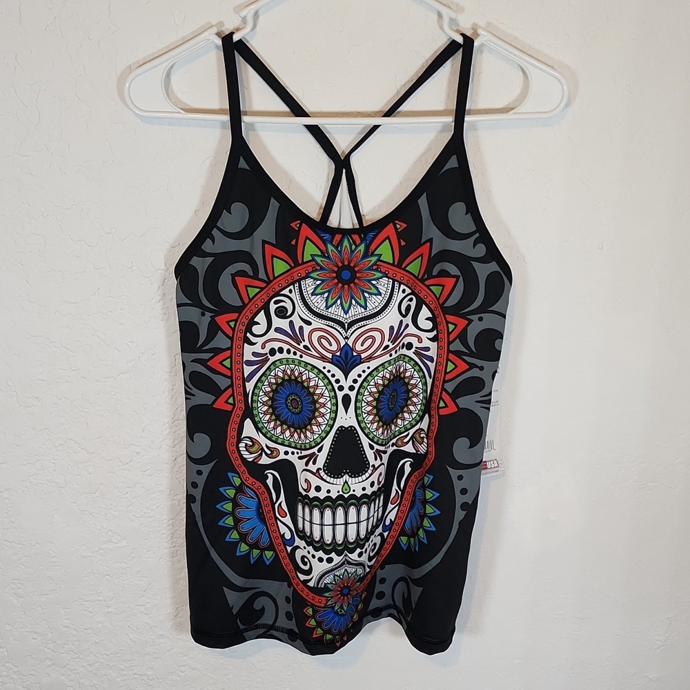INKnBURN Calavera SugarSkull Camisole Black Multicolor Dry I.C.E. Racerback NWT